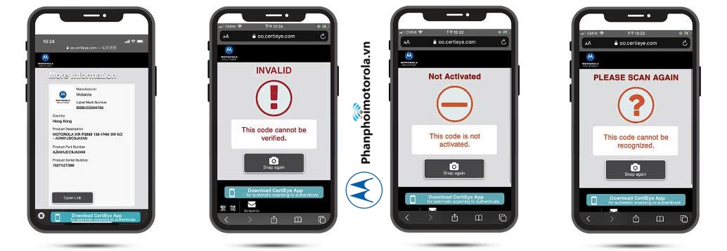 Nận kết quả kiểm tra thông tin máy bộ đàm Motorola chính hãng hay không được trả về từ hệ thống online của Motorola Solutions
